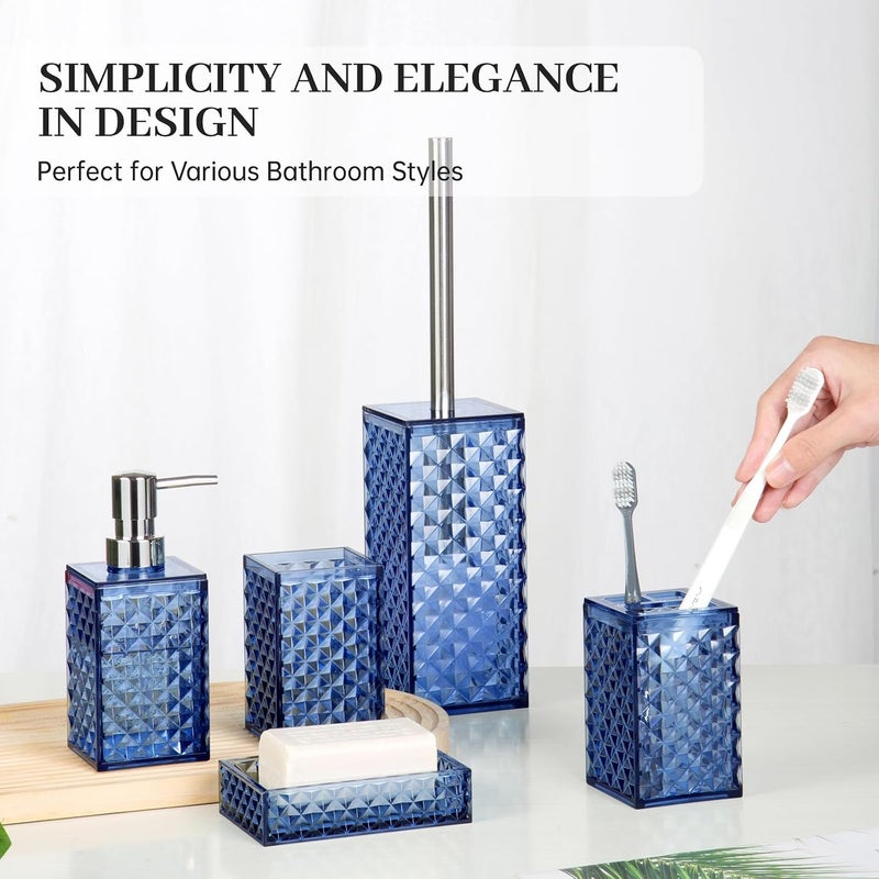RRM 5 PCS Bohemian Plaid Pattern Bathroom Accessories Set(Blue), Plastic &Bamboo Soap Dispenser and Toothbrush Holder Set, Soap Dish、Mouthwash Cup and Toilet Brush - Image 5