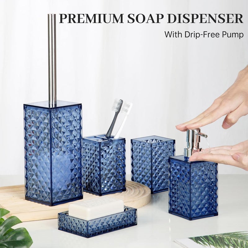 RRM 5 PCS Bohemian Plaid Pattern Bathroom Accessories Set(Blue), Plastic &Bamboo Soap Dispenser and Toothbrush Holder Set, Soap Dish、Mouthwash Cup and Toilet Brush - Image 4