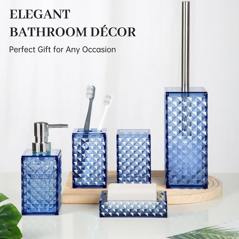 RRM 5 PCS Bohemian Plaid Pattern Bathroom Accessories Set(Blue), Plastic &Bamboo Soap Dispenser and Toothbrush Holder Set, Soap Dish、Mouthwash Cup and Toilet Brush - Image 3