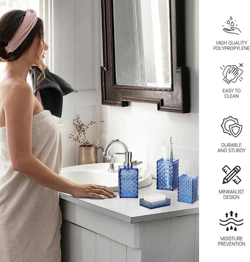 RRM 5 PCS Bohemian Plaid Pattern Bathroom Accessories Set(Blue), Plastic &Bamboo Soap Dispenser and Toothbrush Holder Set, Soap Dish、Mouthwash Cup and Toilet Brush - Image 2