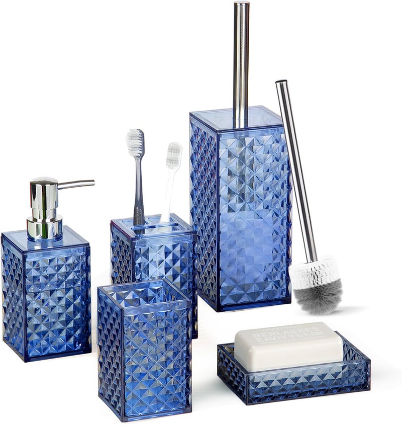 RRM 5 PCS Bohemian Plaid Pattern Bathroom Accessories Set(Blue), Plastic &Bamboo Soap Dispenser and Toothbrush Holder Set, Soap Dish、Mouthwash Cup and Toilet Brush - Image 1