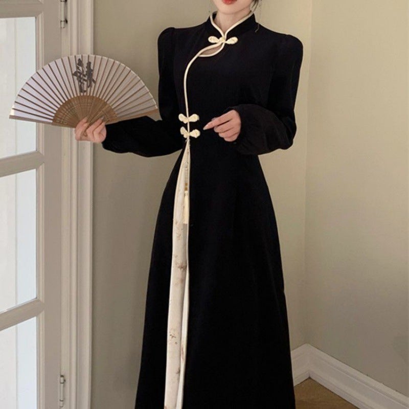 Plus Size Oriental Ink New Chinese Style Retro National Style Improved Cheongsam Temperament Jacquard Long-Sleeved Waist Dress Dmj1203 without pendant
