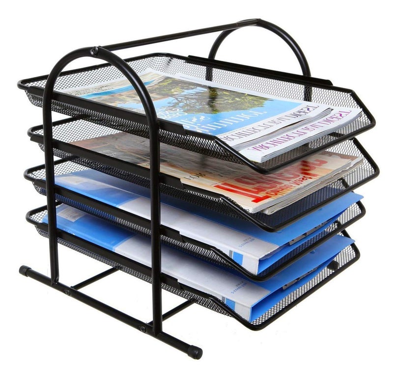 SCILLA Metal Mesh 4 Tier Document Tray for Home and Office File Rack for A4 Documents/Files/Papers/Letters/folders Holder Desk Organizer (4 Tier,Black) - Image 1