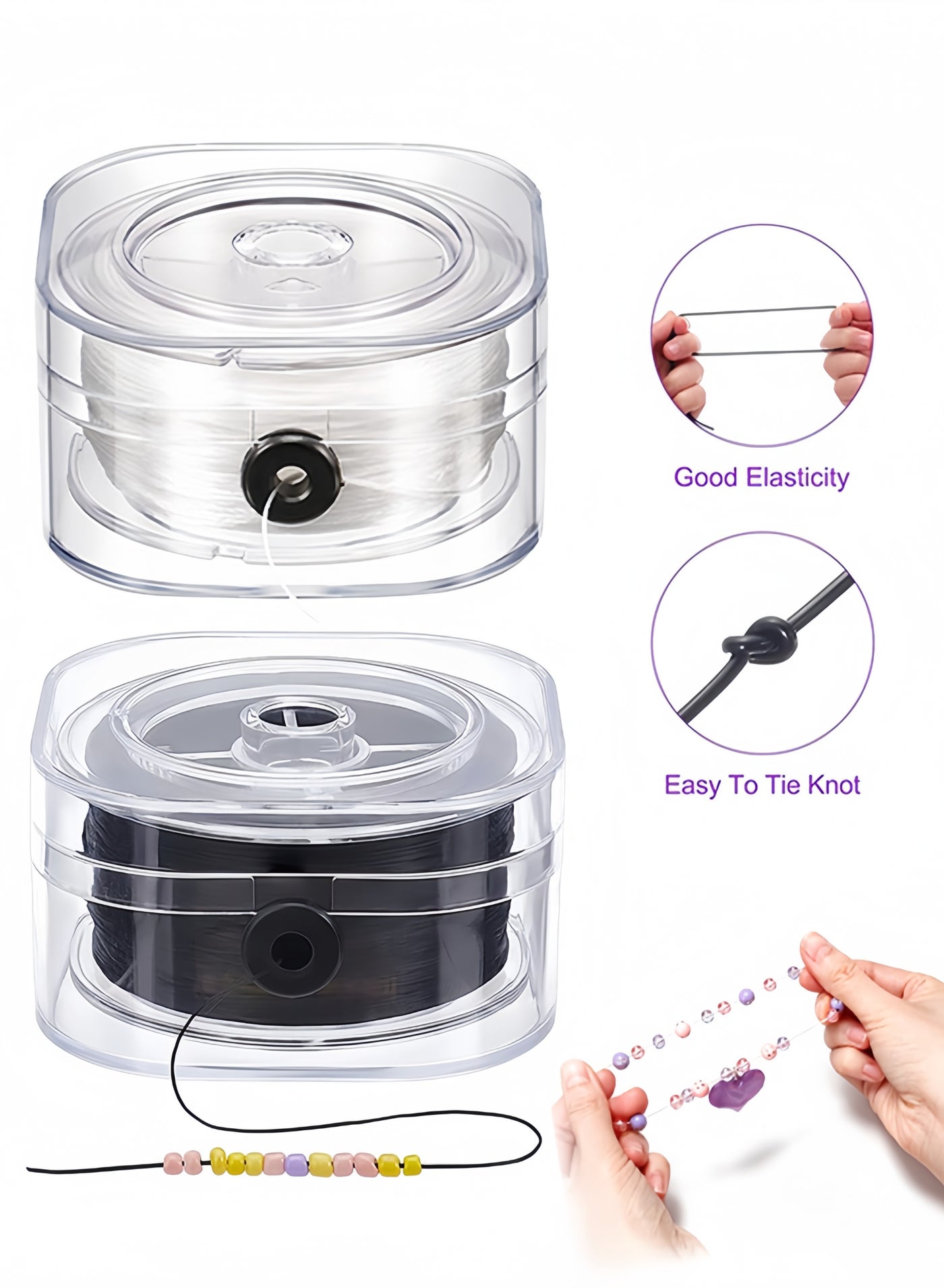 Organizer Elastic String for Bracelets, 2 Rolls of 0.8mm Flat Stretch Bracelet Cord, 196 Yards for Jewelry Beading, with Storage Case and Beading Tool