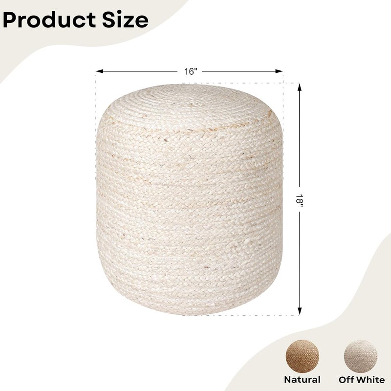 Palisa Jute Pouf Ottoman - Ivory, Boho Foot Rest Stool with Filler for Sofa, Kids Bedroom, Living Room, Outdoor Seat | Hand Woven Comfy Décor Chair Pouffs - 16x16x18 Inches - Image 2