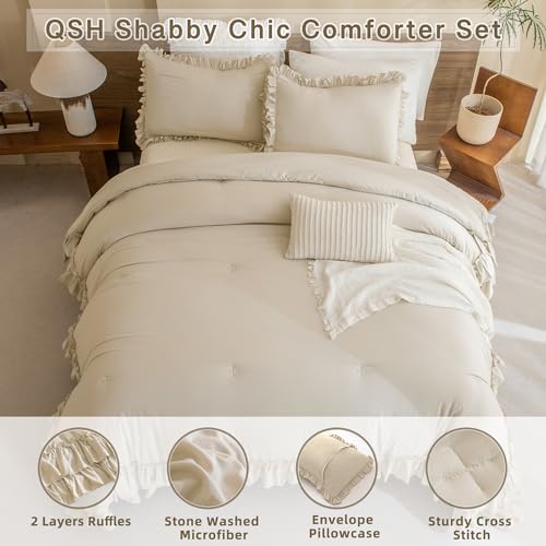 QSH Shabby Ruffled Comforter Queen Size, Farmhouse Wheat Bedding Comforter Set, 3 Pieces Lightweight Vintage Rustic Soft Comforter Queen for Bed, All Season Microfiber Fully Bedding Sets - Image 3