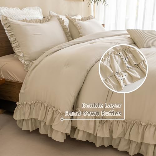 QSH Shabby Ruffled Comforter Queen Size, Farmhouse Wheat Bedding Comforter Set, 3 Pieces Lightweight Vintage Rustic Soft Comforter Queen for Bed, All Season Microfiber Fully Bedding Sets - Image 4
