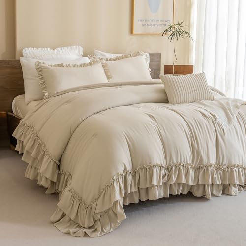 QSH Shabby Ruffled Comforter Queen Size, Farmhouse Wheat Bedding Comforter Set, 3 Pieces Lightweight Vintage Rustic Soft Comforter Queen for Bed, All Season Microfiber Fully Bedding Sets - Image 2