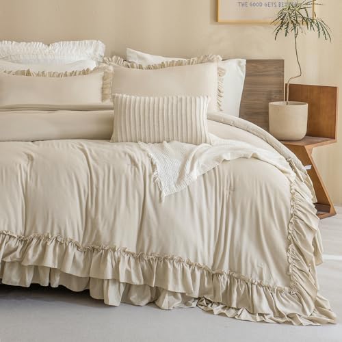 QSH Shabby Ruffled Comforter Queen Size, Farmhouse Wheat Bedding Comforter Set, 3 Pieces Lightweight Vintage Rustic Soft Comforter Queen for Bed, All Season Microfiber Fully Bedding Sets - Image 1