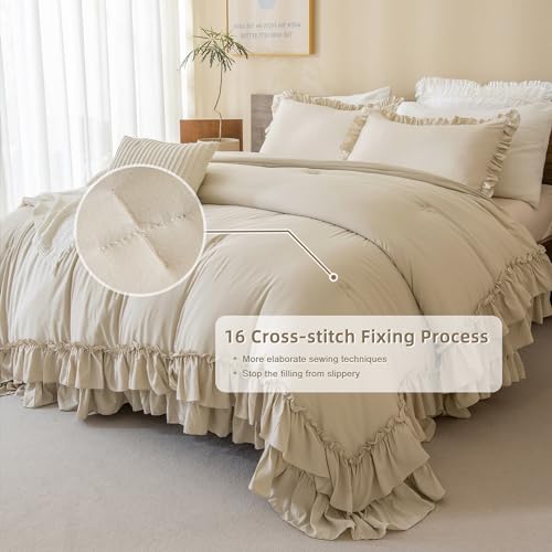 QSH Shabby Ruffled Comforter Queen Size, Farmhouse Wheat Bedding Comforter Set, 3 Pieces Lightweight Vintage Rustic Soft Comforter Queen for Bed, All Season Microfiber Fully Bedding Sets - Image 5