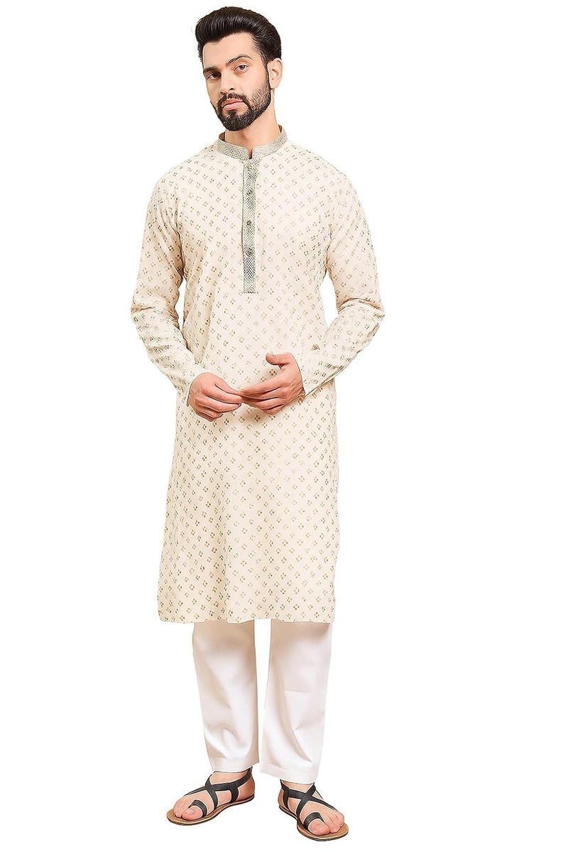 SWAGG INDIA كُرتا قطنية هندسية عادية مزخرفة للرجال - Image 1