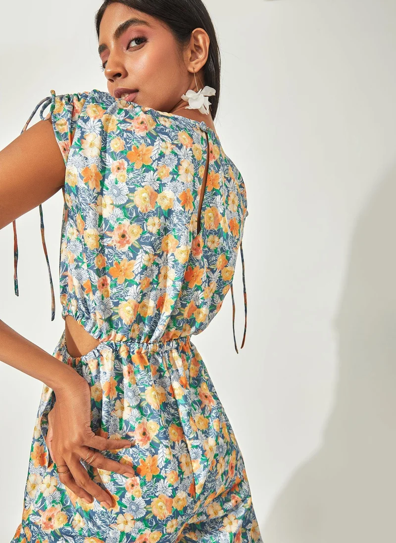The Label Life Aqua Floral Cut-Out Jumpsuit
