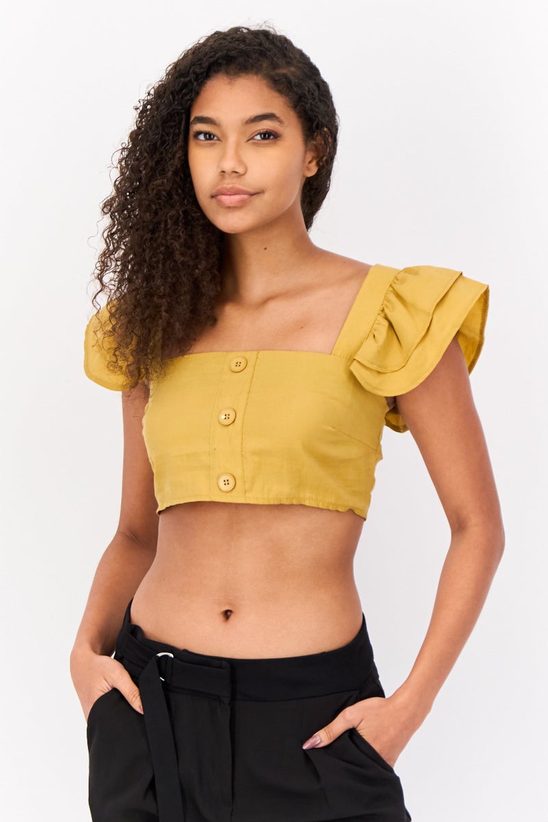 DeFacto Women Square Neck Short Sleeve Solid Blouse, Yellow - Image 1