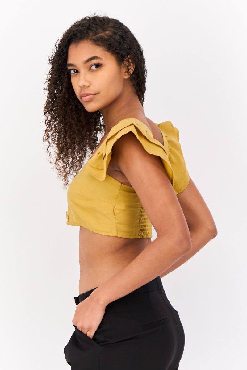 DeFacto Women Square Neck Short Sleeve Solid Blouse, Yellow - Image 3