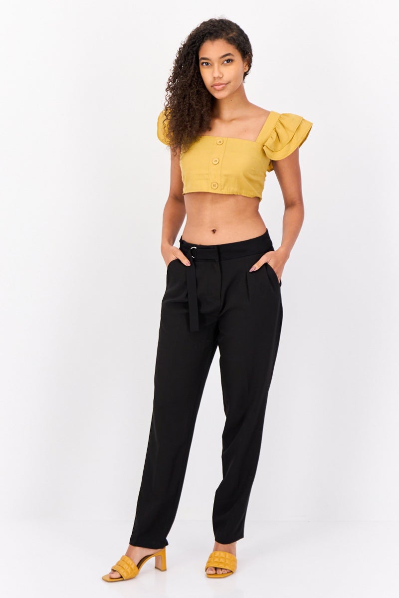 DeFacto Women Square Neck Short Sleeve Solid Blouse, Yellow - Image 2