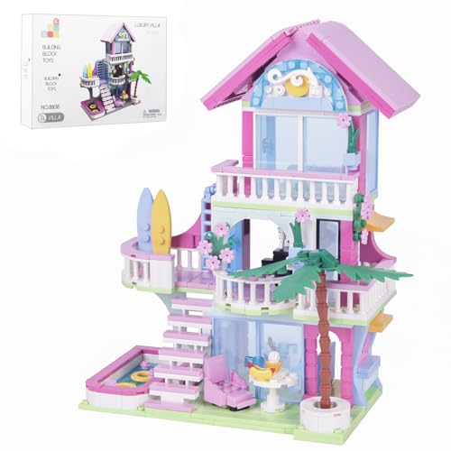 Bibilock 678PCS Pink Beach House Building Blocks Kit Compatible with Lego Particle SizesFriends Interactive Architecture Holiday Dream VillaUnique Birthday Gift Toy for Girls or Boys Age 6 7 8 9 10 11 12 - Image 1