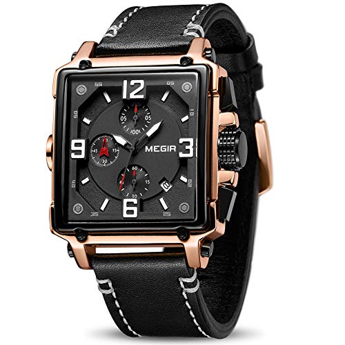 MEGIR Men's Analogue Army Military Chronograph Luminous Quartz Watch with Fashion Leather Strap for Sport & Business Work (2061 Rose/Black) - Image 1