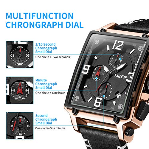 MEGIR Men's Analogue Army Military Chronograph Luminous Quartz Watch with Fashion Leather Strap for Sport & Business Work (2061 Rose/Black) - Image 4