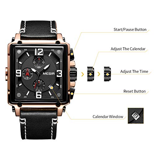 MEGIR Men's Analogue Army Military Chronograph Luminous Quartz Watch with Fashion Leather Strap for Sport & Business Work (2061 Rose/Black) - Image 5
