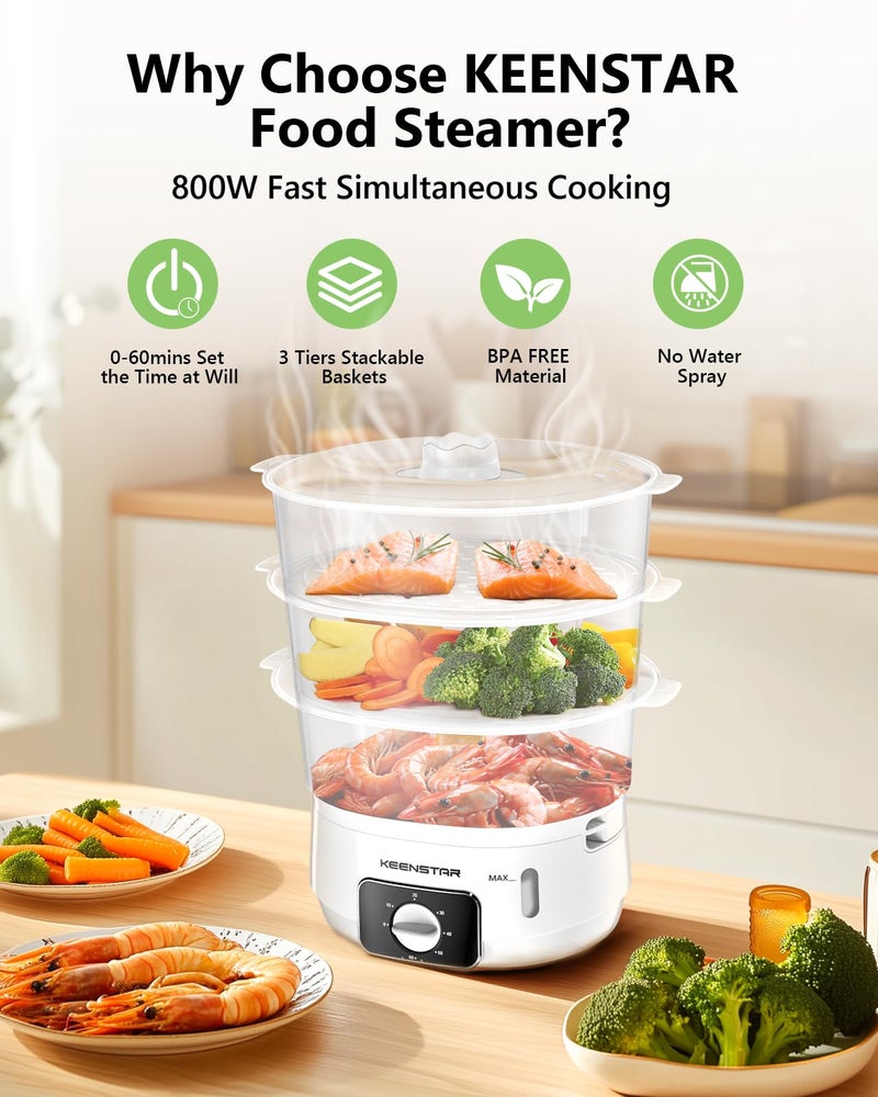 KEENSTAR Electric Food Steamer for Cooking, 13.7QT Vegetable Steamer with 3 Tiers BPA-Free Baskets, 800W Fast Simultaneous Cooking, 60-Minute Timer, Ideal for Veggies Seafood Rice - Image 3