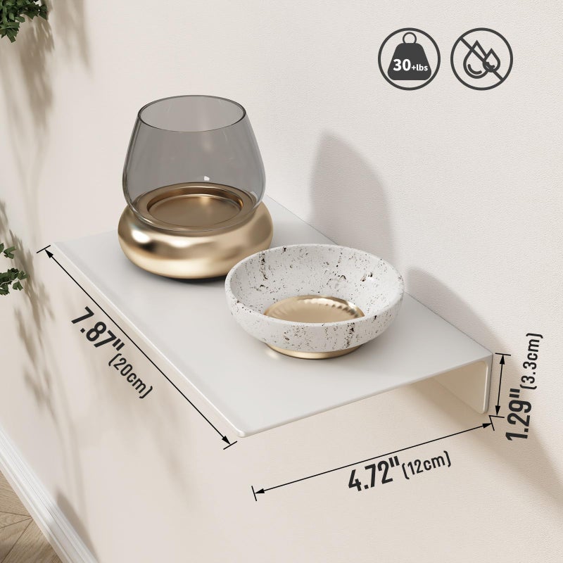 Danpoo Small Floating Shelf for Wall Storage, Mini Display Shelf for Collectibles, Metal Wall Shelf for Bathroom/Living Room/Kitchen/Bedroom(White, 8") - Image 2