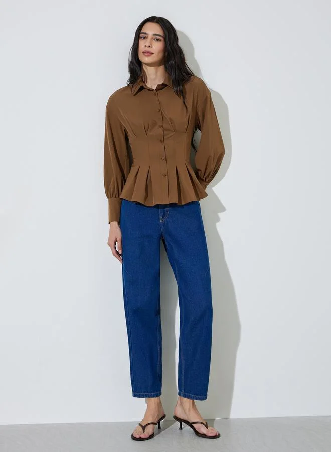 ستايلي Brown Fitted Peplum Shirt with Buttons
