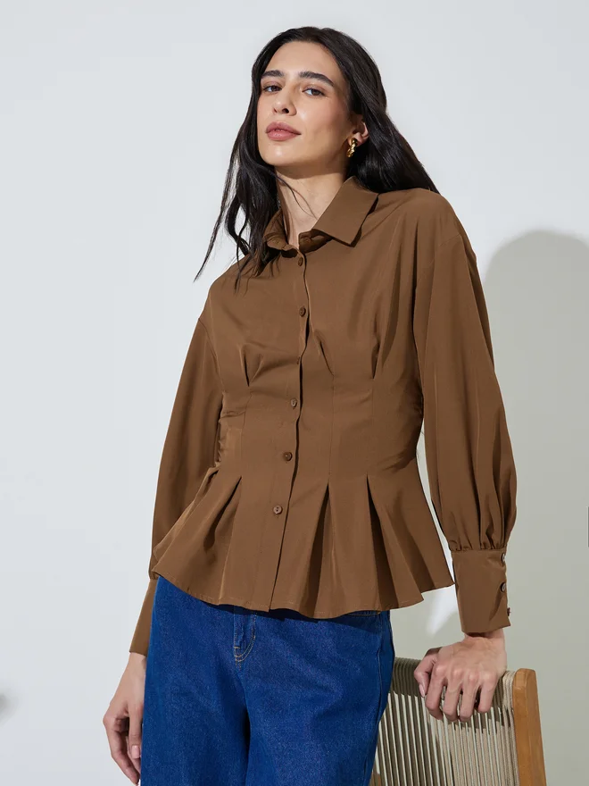 Styli Styli Brown Fitted Peplum Shirt with Buttons