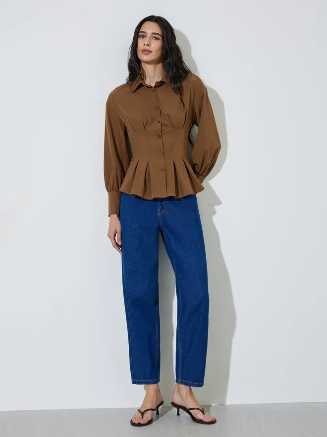 Styli Styli Brown Fitted Peplum Shirt with Buttons