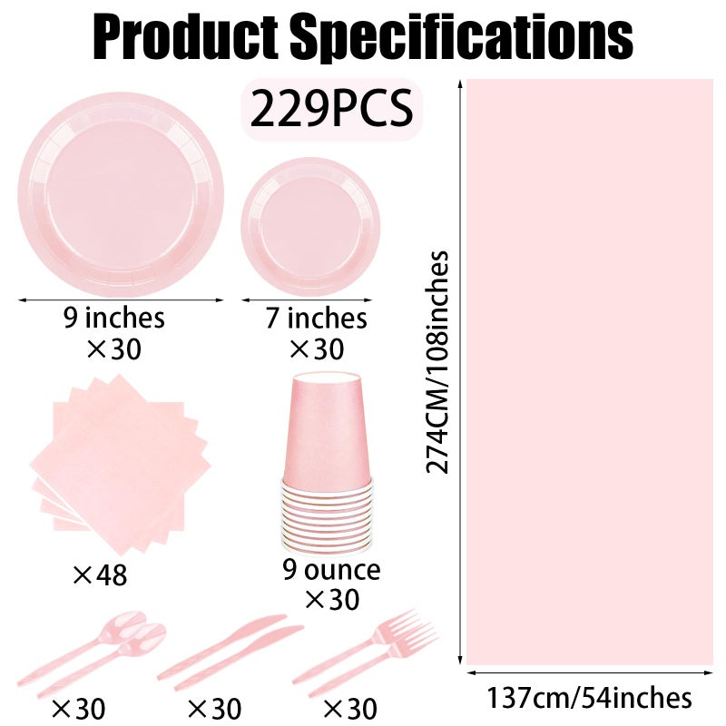 TWOWYHI 229PCS Pink Party Supplies Set Paper Disposable Plates Cups Plastic Spoons Forks Knives Pink Napkins for 30 Guests Disposable Party Dinnerware Sets for Wedding Birthday Parties - Image 2