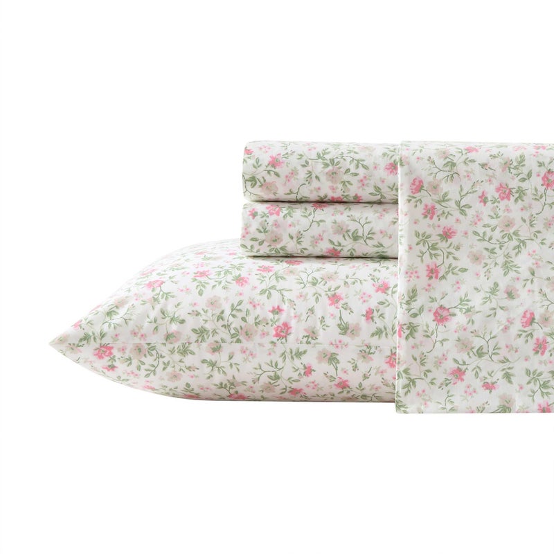 Laura Ashley Twin XL Size Sheet Set Crisp Cotton Percale Bedding with Matching Pillowcase Fully Elastic Fitted Sheet Deep Pocket Floral Room Decor Breathable AllSeason Comfort Bonnie Pink - Image 2