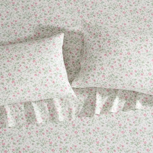 Laura Ashley Twin XL Size Sheet Set Crisp Cotton Percale Bedding with Matching Pillowcase Fully Elastic Fitted Sheet Deep Pocket Floral Room Decor Breathable AllSeason Comfort Bonnie Pink - Image 3