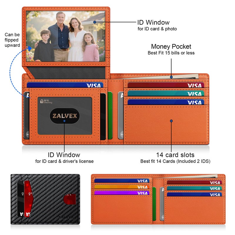 ZALVEX Wallet for Men Slim RFID Blocking Leather Credit Card Holder Wallet for 14 Cards, Bifold Minimalist Thin Wallet with 2 ID Windows & Cash Slot, Front Pockt Carteras Para Hombres, Birthday Gifts for Men - Image 2