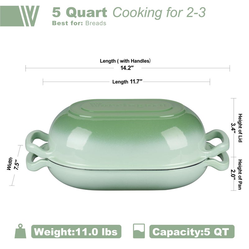 VORRINGARD Enameled Cast Iron Sourdough Bread Oven, Dutch Oven, Loaf Cast Iron Bread Pan for Homemade Bread Baking, Meatloaf Pan with Lid, 5QT, Green - Image 2