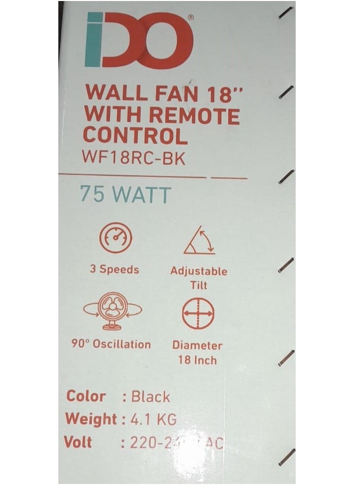 IDO Wall Fan with Remote Control 18 Inch 75 Watt 3 Speeds 6 Strong Blades Black WF18RC-BK  - Image 4