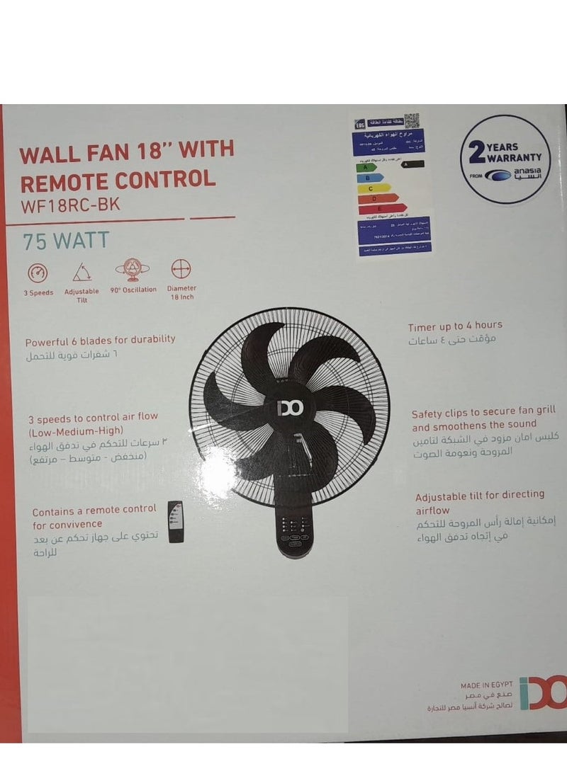 IDO Wall Fan with Remote Control 18 Inch 75 Watt 3 Speeds 6 Strong Blades Black WF18RC-BK  - Image 3