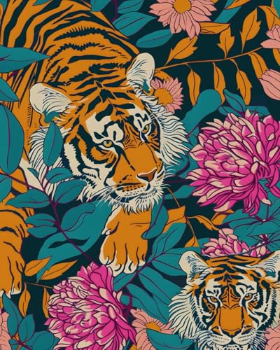 BOKEBEVE Extra Long Tiger Stick and Peel Wallpaper Vintage Floral Contact Paper Retro Boho Leaf Wall Paper Removable Renter Friendly Wall Decor for Bathroom Cabinet 175 x 3935In - Image 1