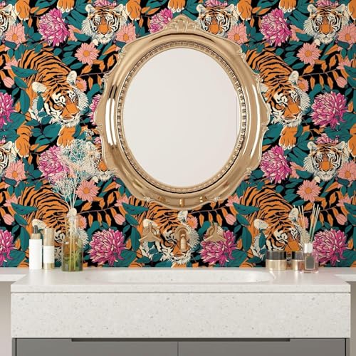 BOKEBEVE Extra Long Tiger Stick and Peel Wallpaper Vintage Floral Contact Paper Retro Boho Leaf Wall Paper Removable Renter Friendly Wall Decor for Bathroom Cabinet 175 x 3935In - Image 3