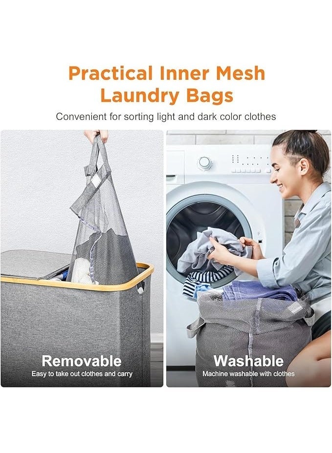150L سلة غسيل كبيرة مع 2 أكياس داخلية قابلة للإزالة ، ملابس عائق لغسيل الملابس ، ملابس قذرة عائق ، قابل للطي وتوفير المساحة (رمادي) - Image 5