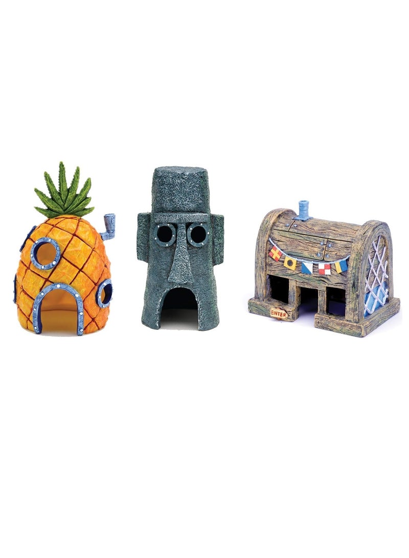 Sylqvxh 3-Piece Aquarium Ornament Bundle – Spongebob’s Pineapple House, Squidward Home, and The Crusty Crab Resin Figurines | Aquarium and Terrarium Décor - Image 1