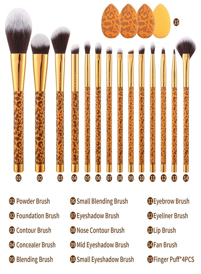 Docolor Makeup Brushes Leopard 14pcs Premium Synthetic Foundation Powder Concealers Eye shadows Blush Makeup Brush Set with 4pcs Makeup Puffs - Image 4