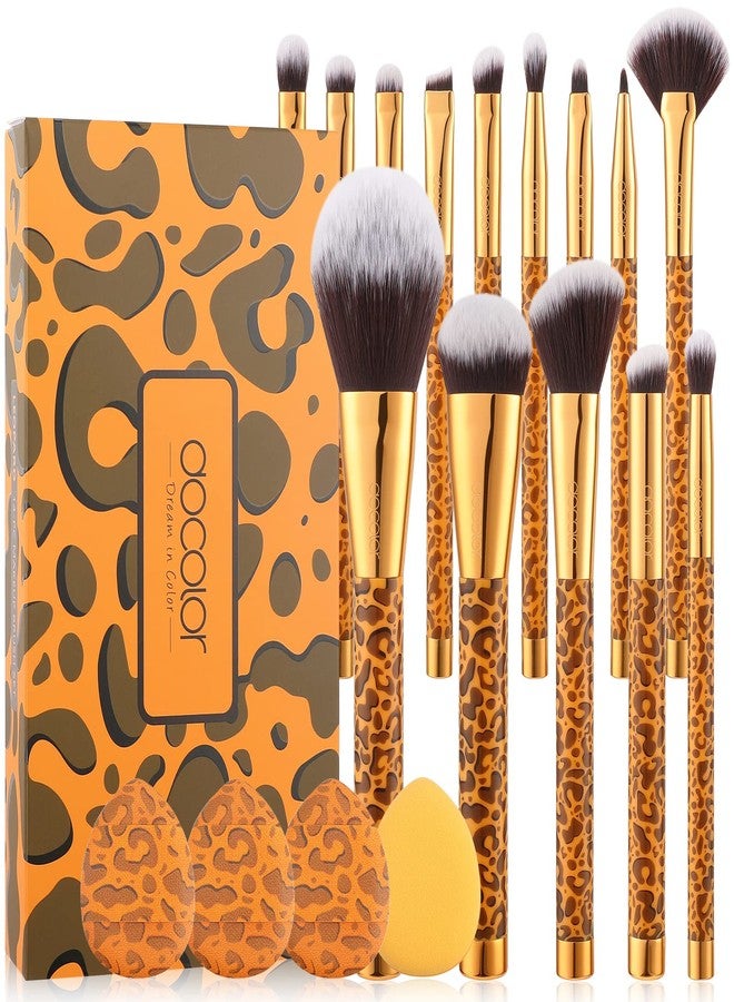 Docolor Makeup Brushes Leopard 14pcs Premium Synthetic Foundation Powder Concealers Eye shadows Blush Makeup Brush Set with 4pcs Makeup Puffs - Image 1