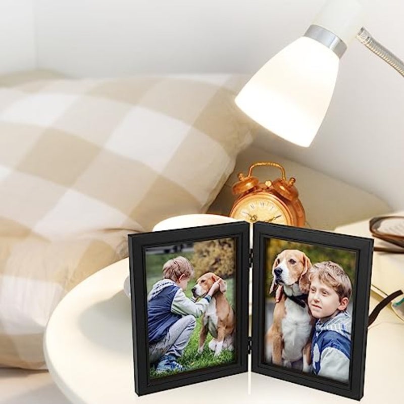 4 قطع 5 × 7 إطارات صور مزدوجة مفصلية عمودية مزدوجة إطارات صور ثابتة سوداء 2 إطارات عائلية قابلة للطي للمدرسة والأسرة مجمعة منضدية تعرض الديكور - Image 5