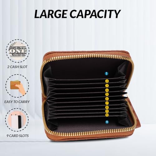 Elios Women's Card Holder Wallet Woven Pattern Vegan Leather Card Holder Compact Ladies Purse with 9 Card Slots, and RFID Blocking | Zip Closure | Mini Purse for Women (Brown) - Image 4