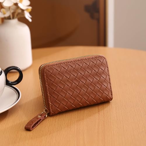 Elios Women's Card Holder Wallet Woven Pattern Vegan Leather Card Holder Compact Ladies Purse with 9 Card Slots, and RFID Blocking | Zip Closure | Mini Purse for Women (Brown) - Image 3