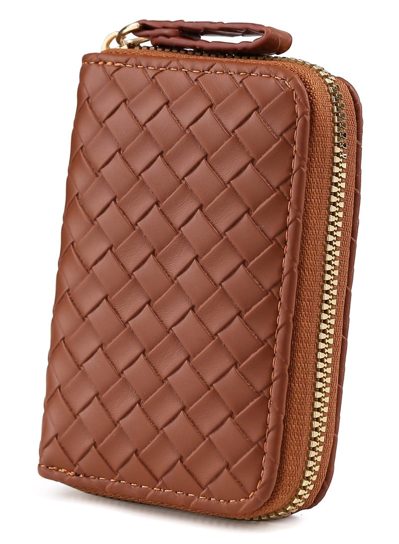 Elios Women's Card Holder Wallet Woven Pattern Vegan Leather Card Holder Compact Ladies Purse with 9 Card Slots, and RFID Blocking | Zip Closure | Mini Purse for Women (Brown) - Image 2