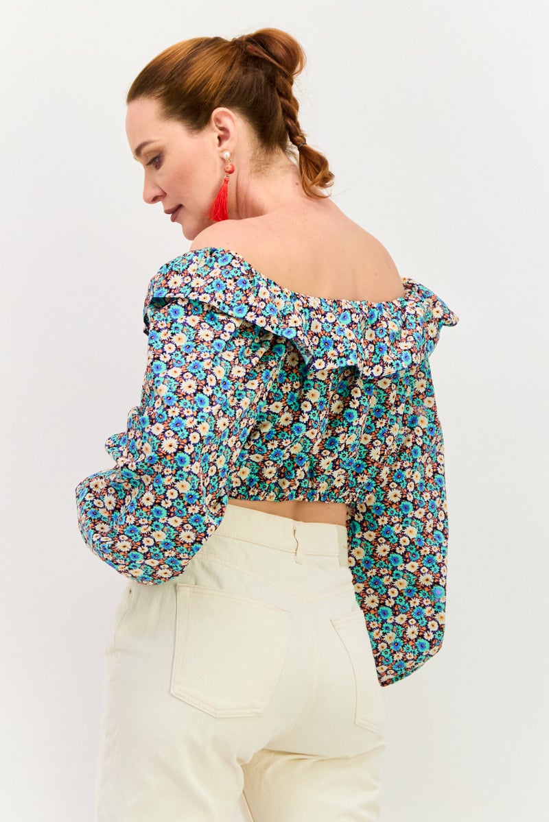 RIVER ISLAND Women Scoop Neckline Floral Print Long Sleeve Top, Blue - Image 2