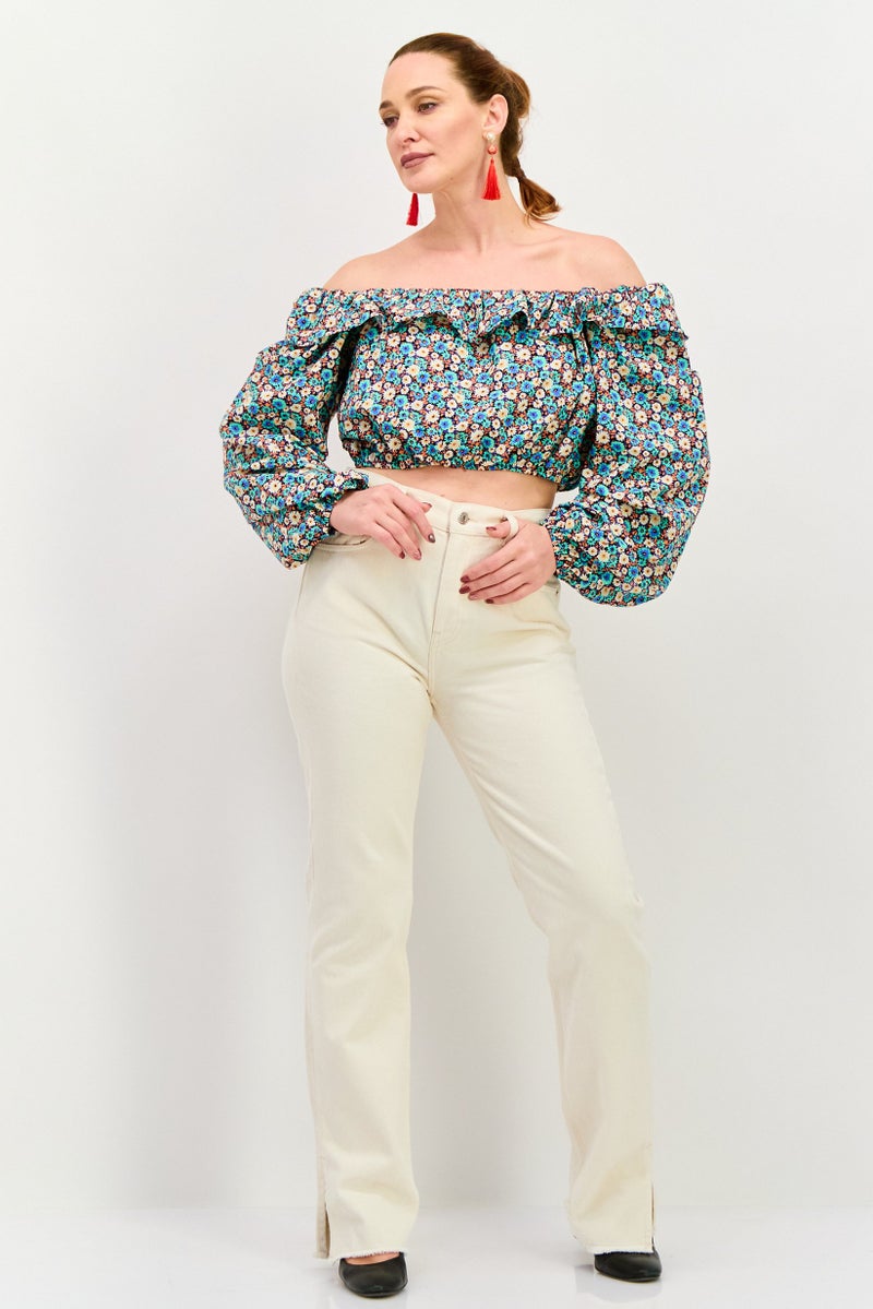 RIVER ISLAND Women Scoop Neckline Floral Print Long Sleeve Top, Blue - Image 3