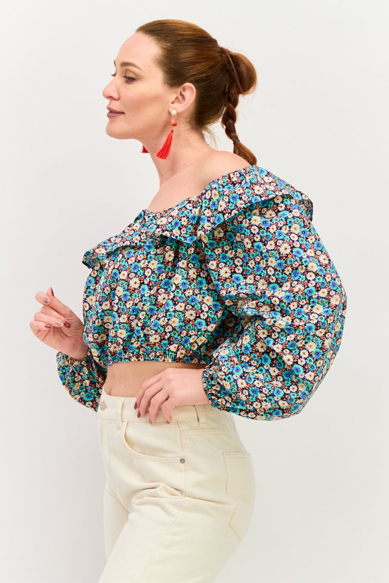 RIVER ISLAND Women Scoop Neckline Floral Print Long Sleeve Top, Blue - Image 4