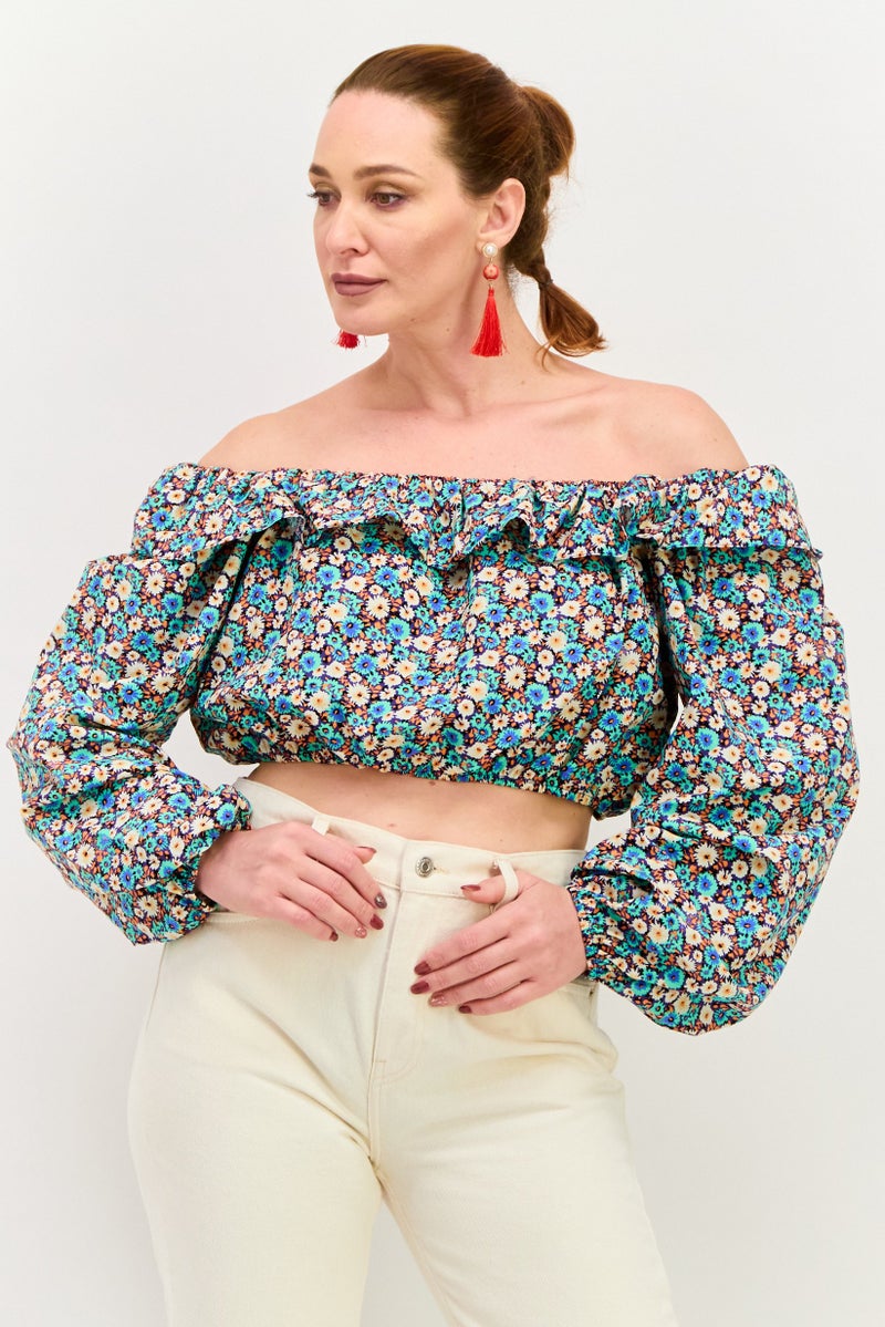 RIVER ISLAND Women Scoop Neckline Floral Print Long Sleeve Top, Blue - Image 1