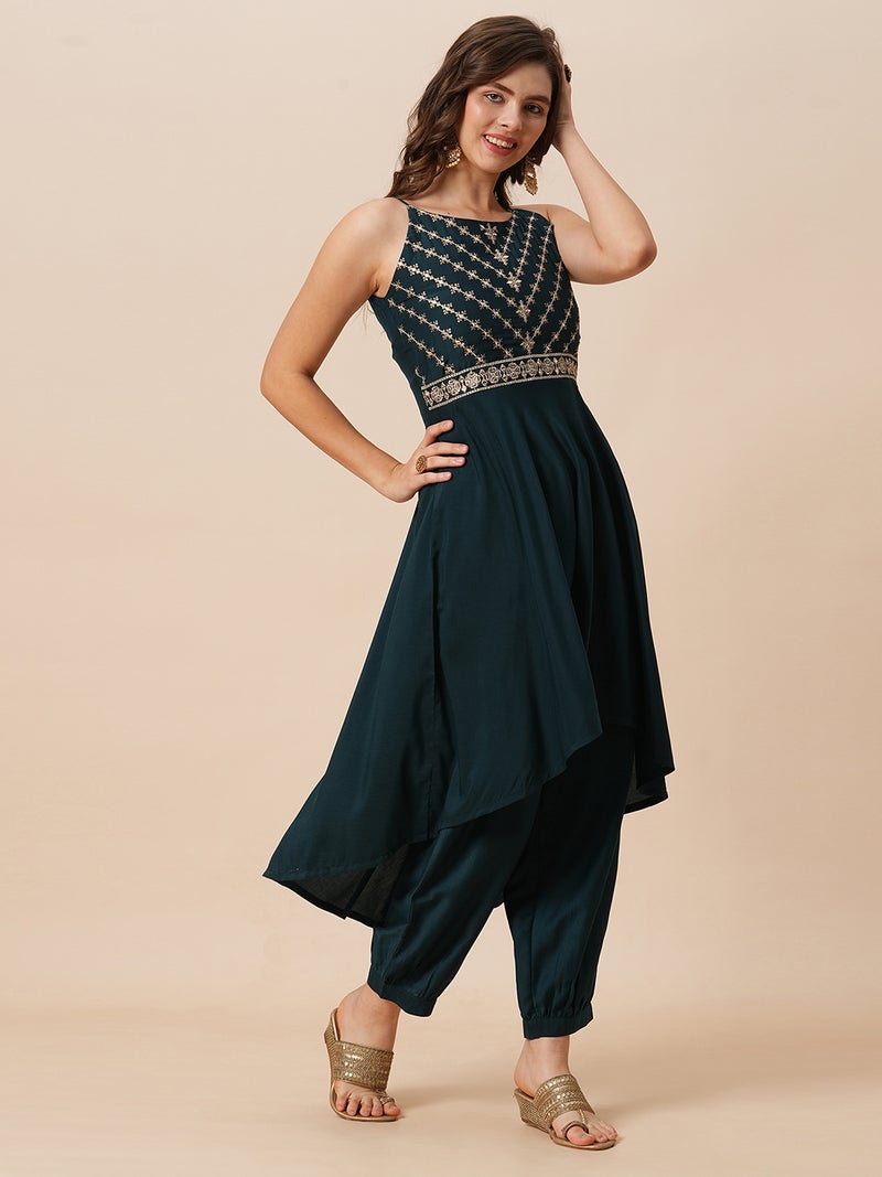 globus Globus Women Embroidered Round Halter Neck High-Low Hem A-Line Kurta & Afghani Pants Festive Set  - Image 2